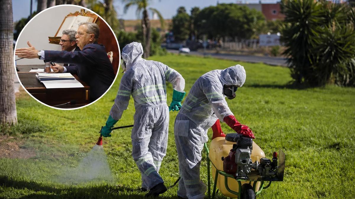 En la imagen grande, trabajadores durante las labores de fumigación contra los mosquitos causantes del virus del Nilo; en la foto pequeña, Salvador Fuentes gesticula en un Pleno de la Diputación Provincial.