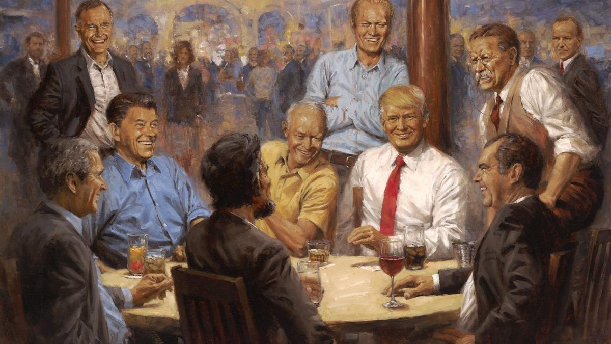 'El club republicano' obra de Andy Thomas, en el que aparecen Trump y otros dirigentes históricos republicanos.