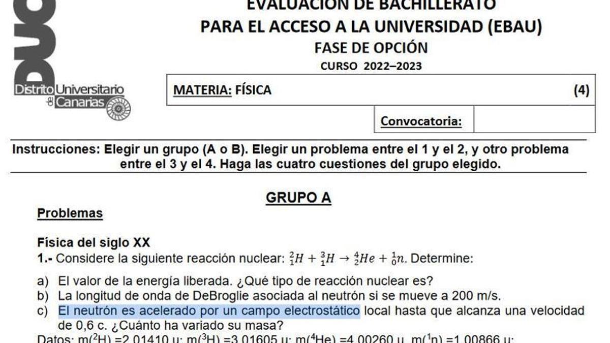 Examen de Física de la EBAU de Canarias 2023