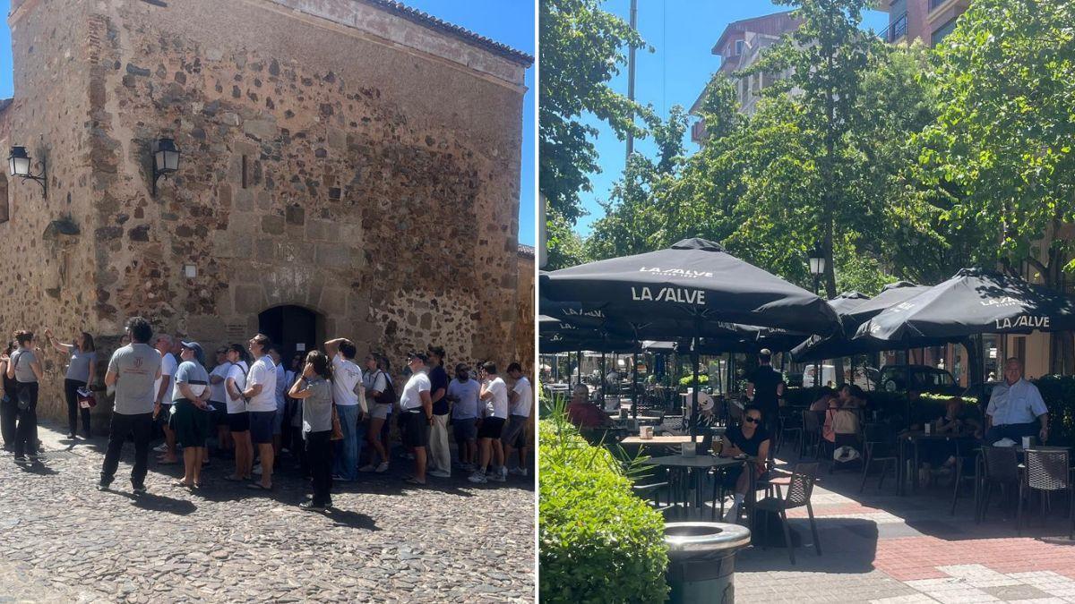 A la izquierda, un grupo de turistas en la plaza de San Mateo. A la derecha, un bar de la avenida Virgen de la Montaña.