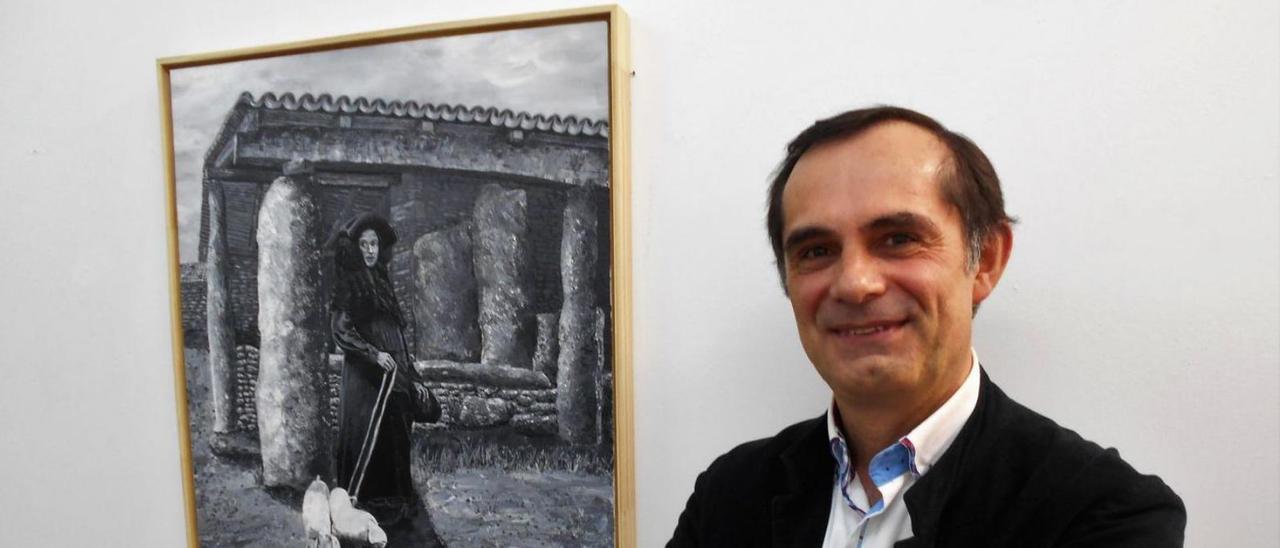 Juan Liñares junto a una de sus 
obras. A la derecha, el cuadro 
titulado “Cristina na fiestra”.