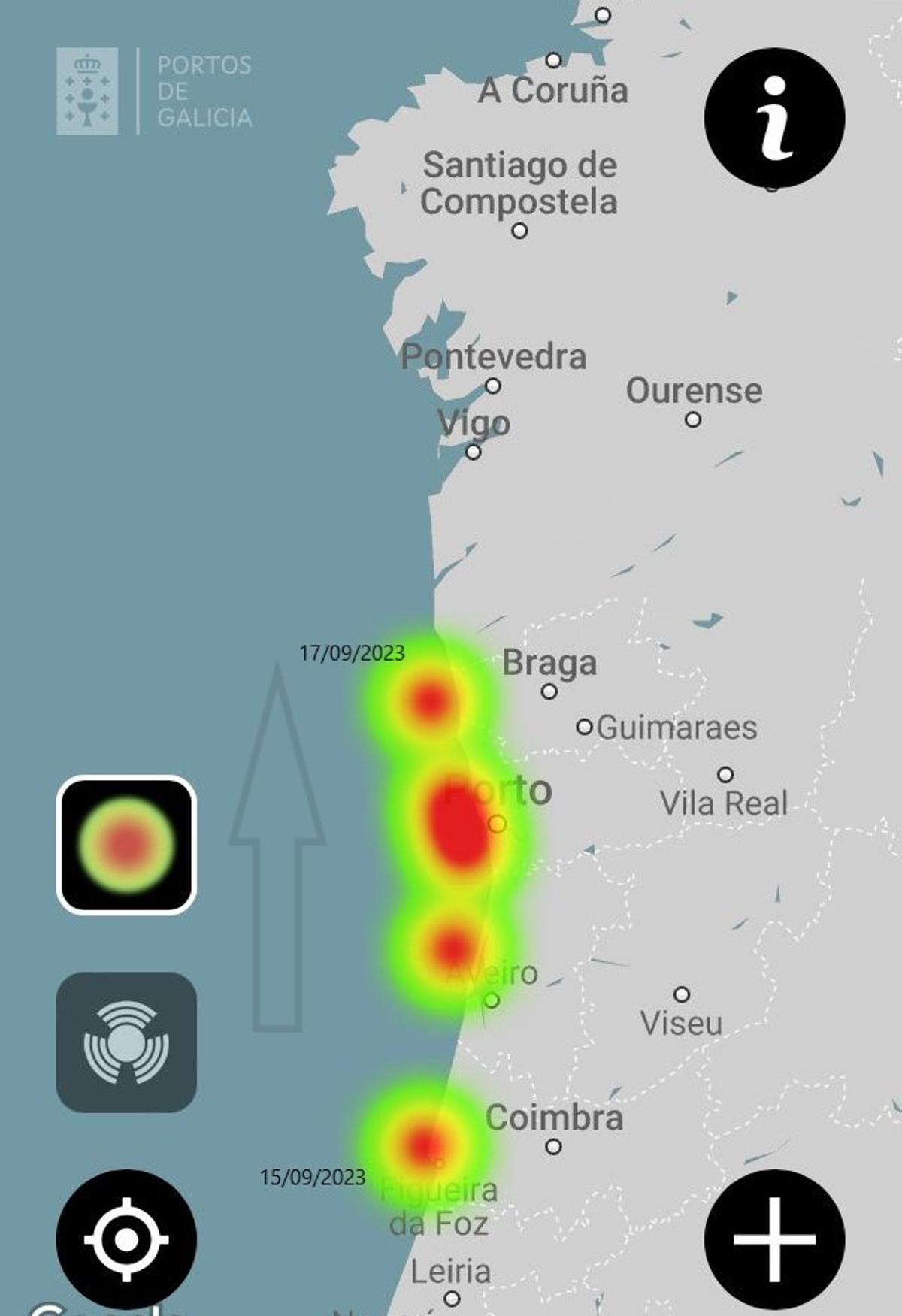 Mapa de calor de la aplicación Orcinus que indica dónde han sido vistas las orcas que nadan hacia Galicia.