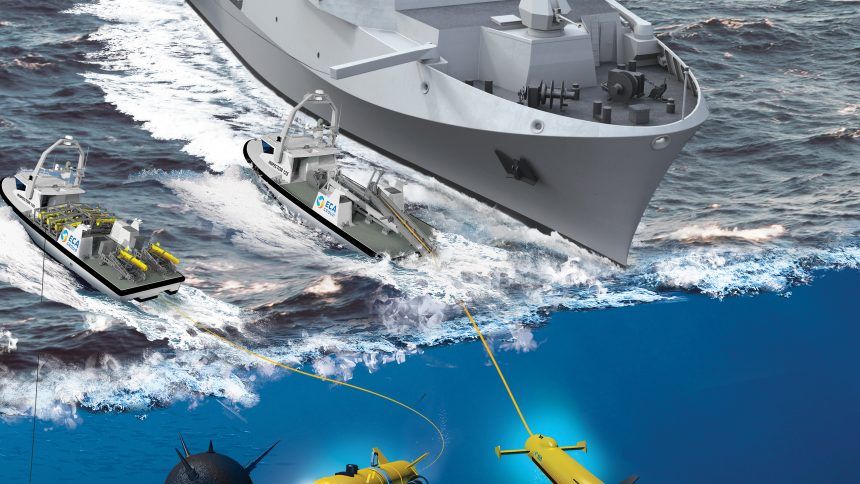 Recreación del buque cazaminas, con barcos auxiliares y drones sumergibles.