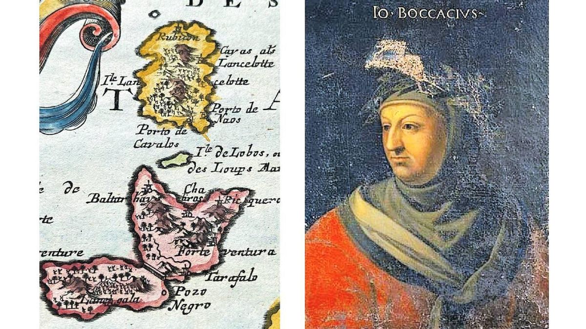 En la imagen de la izquierda, un mapa antiguo de Canarias. A la derecha, retrato del literato italiano Giovanni Boccaccio, cuya curiosidad por las Islas le motivó a escribir ‘De Canaria’.