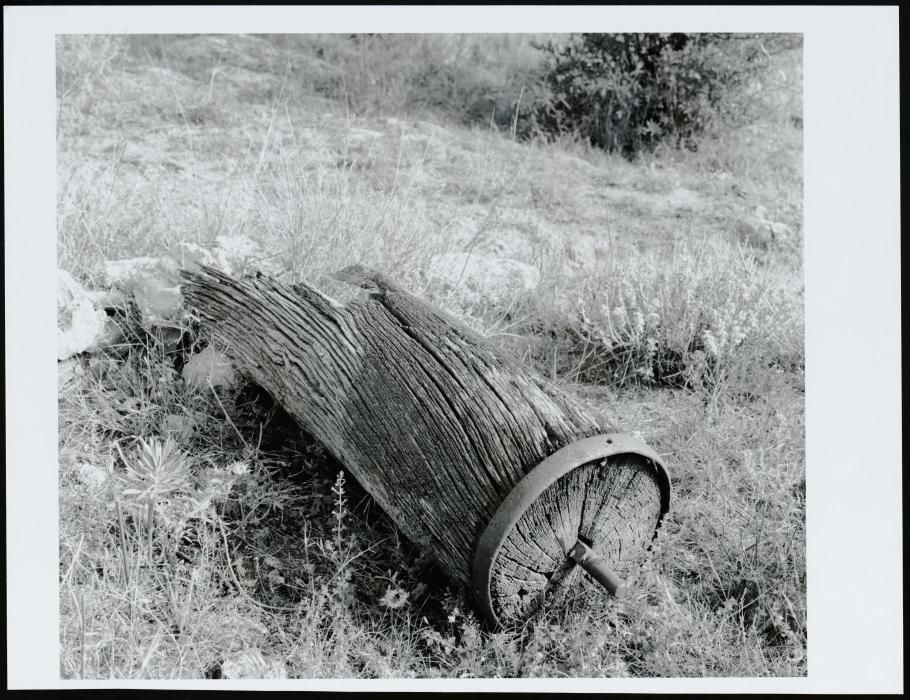 Fotografia d'un corró de fusta abandonat i deteriorat pel pas del temps a la intempèrie, aquesta eina es feia servir per xafar la batuda o bé per a trencar els terrossos i compactar la terra