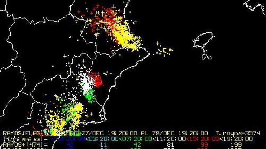 Rayos registrados este domingo 28 de diciembre de 2025 en la Comunitat Valenciana