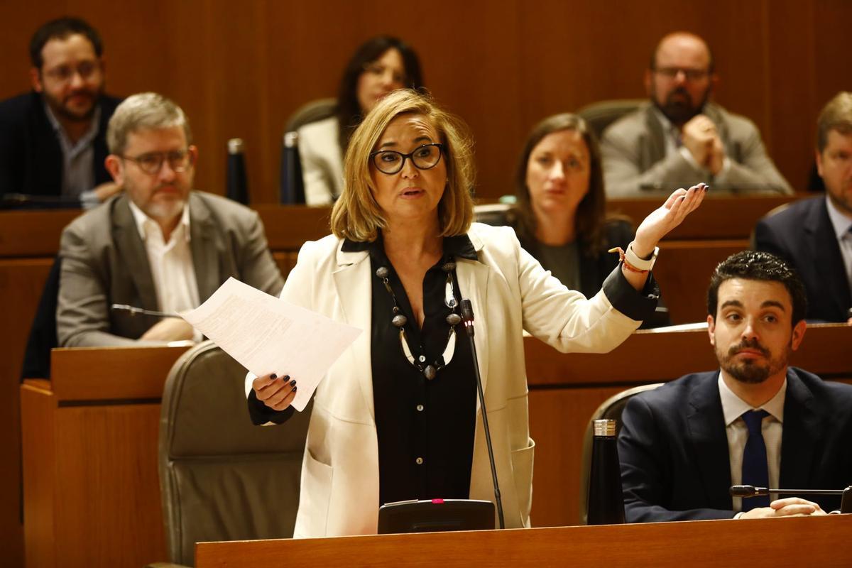 La portavoz del PSOE en las Cortes, Mayte Pérez, en su pregunta parlamentaria a Azcón.