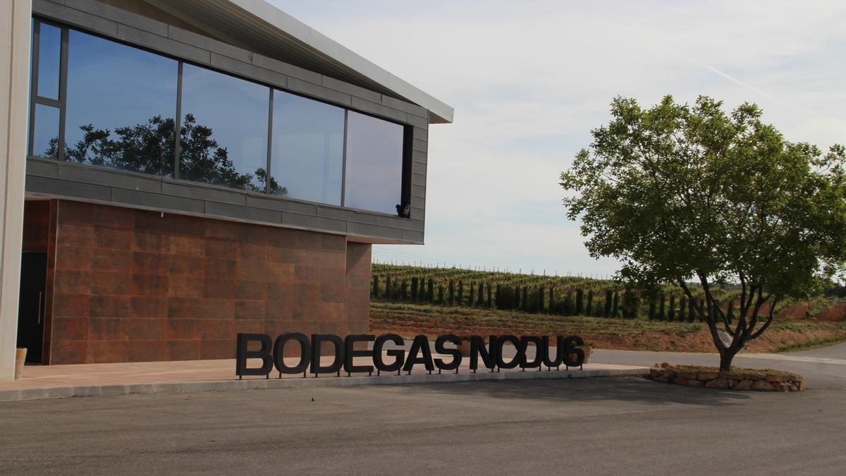 Fachada de Bodegas Nodus, rodeada de encinas centenarias.