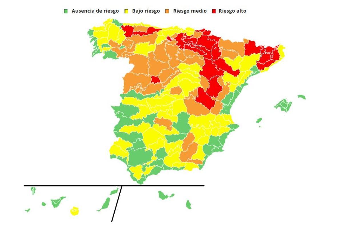Mapa de riesgo por altas temperaturas en España para el 28 de julio.