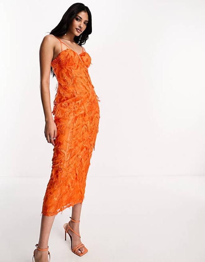 Vestido midi naranja de tirantes de encaje texturizado de Asos