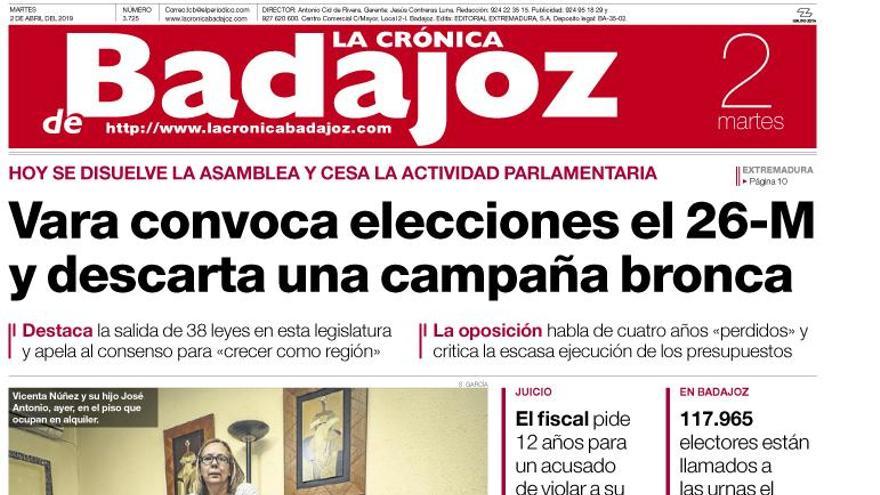 Esta es la portada de LA CRÓNICA DE BADAJOZ correspondiente al día 2 de abril del 2019