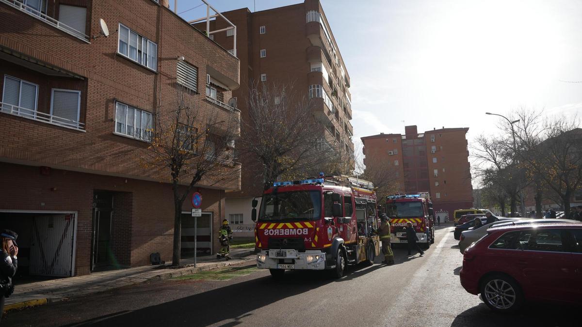 Los bomberos durante la intervención en el garaje del bloque de pisos de Juan Simeón Vidarte, este domingo por la mañana.