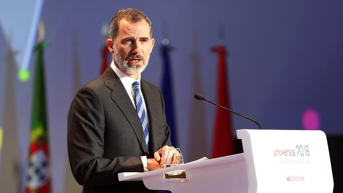 El Rey Felipe VI  durante su intervención en el acto de inauguración que ha presidido del IV Encuentro Internacional de Rectores Universia.