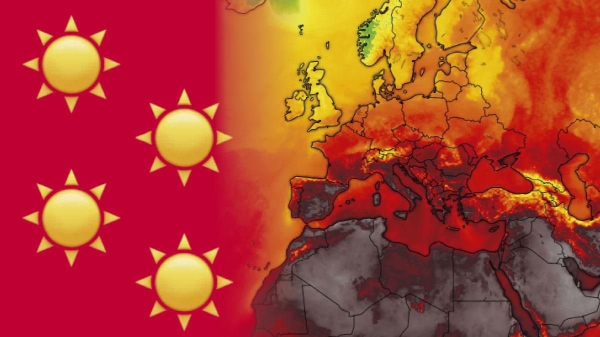 Mapa de temperaturas de Europa donde destacan los países del Mediterráneo como los más afectados por el calor extremo.