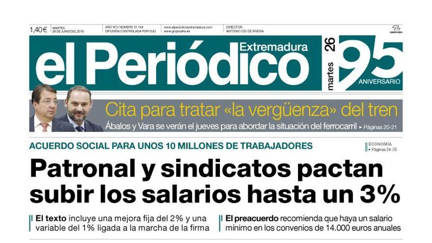 Esta es la portada de EL PERIÓDICO EXTREMADURA correspondiente al día 26 de junio del 2018