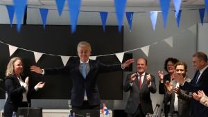 PVV party leader Geert Wilders meets with members of his party at the Dutch Parliament