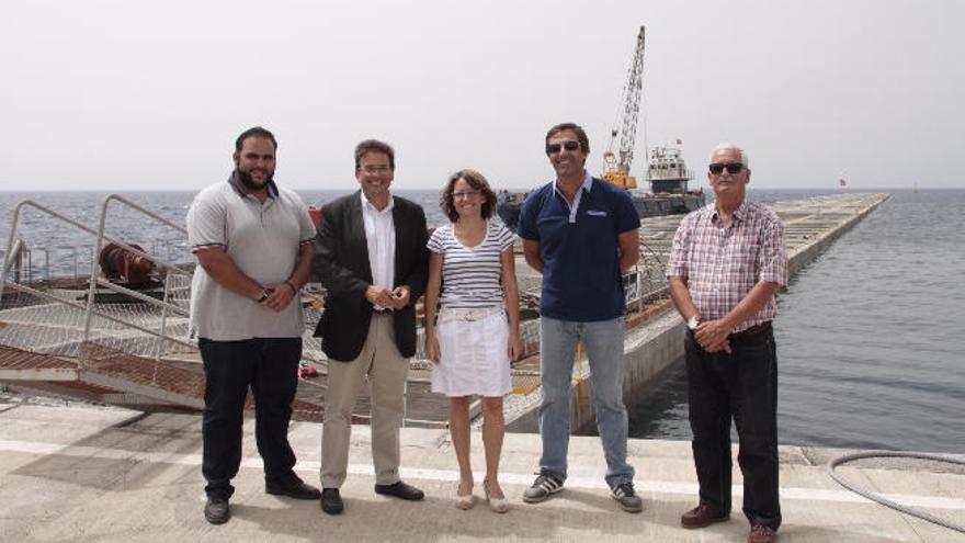 Samuel Martín (i), Luis Ibarra, Eva de Anta, Pedro San Ginés y Tomás Fajardo, durante su visita de este martes a las obras de ampliación del muelle arrecifeño.