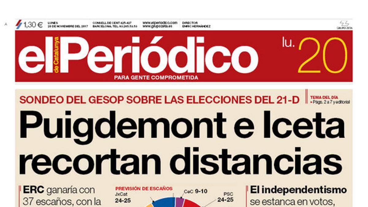 La portada de EL PERIÓDICO del 20 de noviembre del 2017.
