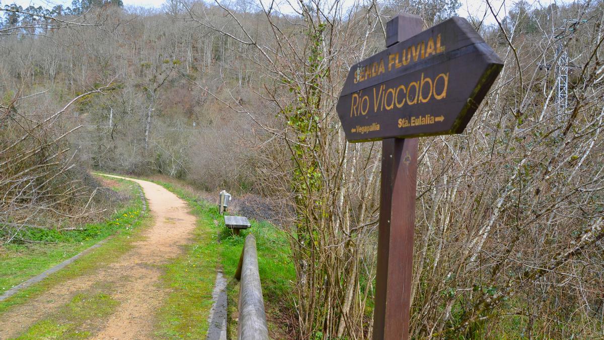 Uno de los paneles indicadores de la senda del río Viacaba.