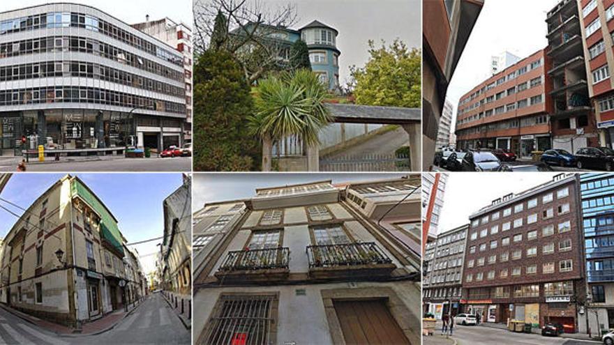 De izquierda a derecha y desde arriba: 1-Edificio del antiguo concesionario Citroën en avenida de Oza 43; 2- Chalé en el nº10 de la calle Hamburgo, en A Zapateira; 3-Edificio inacabado en el nº4 de la carretera de Circunvalación; 4-Inmueble en el nº132 de la c/Orzán, subastado con el 31-33 de Cordelería; 5-Número 9 de la calle Sinagoga, en Ciudad Vieja, subastado en su integridad; 6-Numeros 15-23 de la calle San Roque, donde se subastó una vivienda.