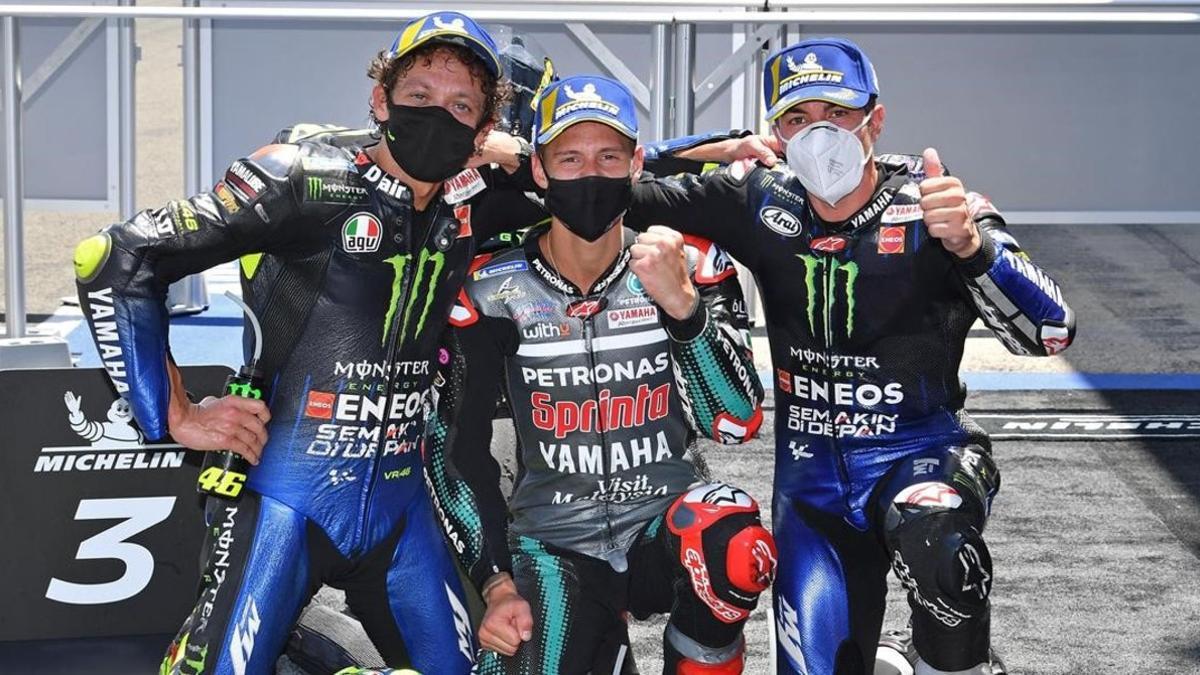 Valentino Rossi, Fabio Quartararo y Maverick Viñales, en el podio de Jerez de ayer en MotoGP.