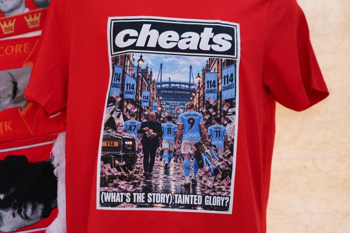 A t-shirt on sale outside Anfield ahead of the English Premier League match Liverpool FC against Manchester City, in Liverpool, Britain, 11 October 2026