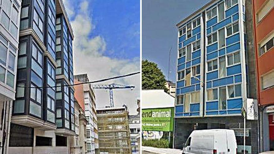 Edificios con pisos en subasta pública en A Coruña (izquierda) y A Chaburra en Sada (derecha).