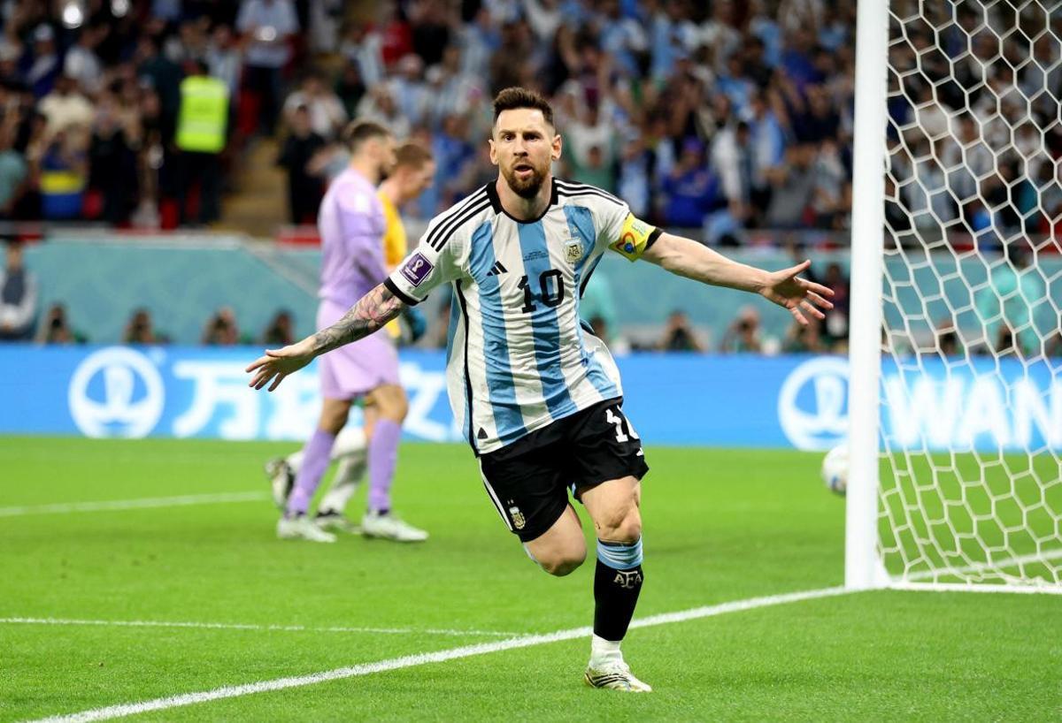Messi celebra el 0-2 que anotó de penalti contra Países Bajos.
