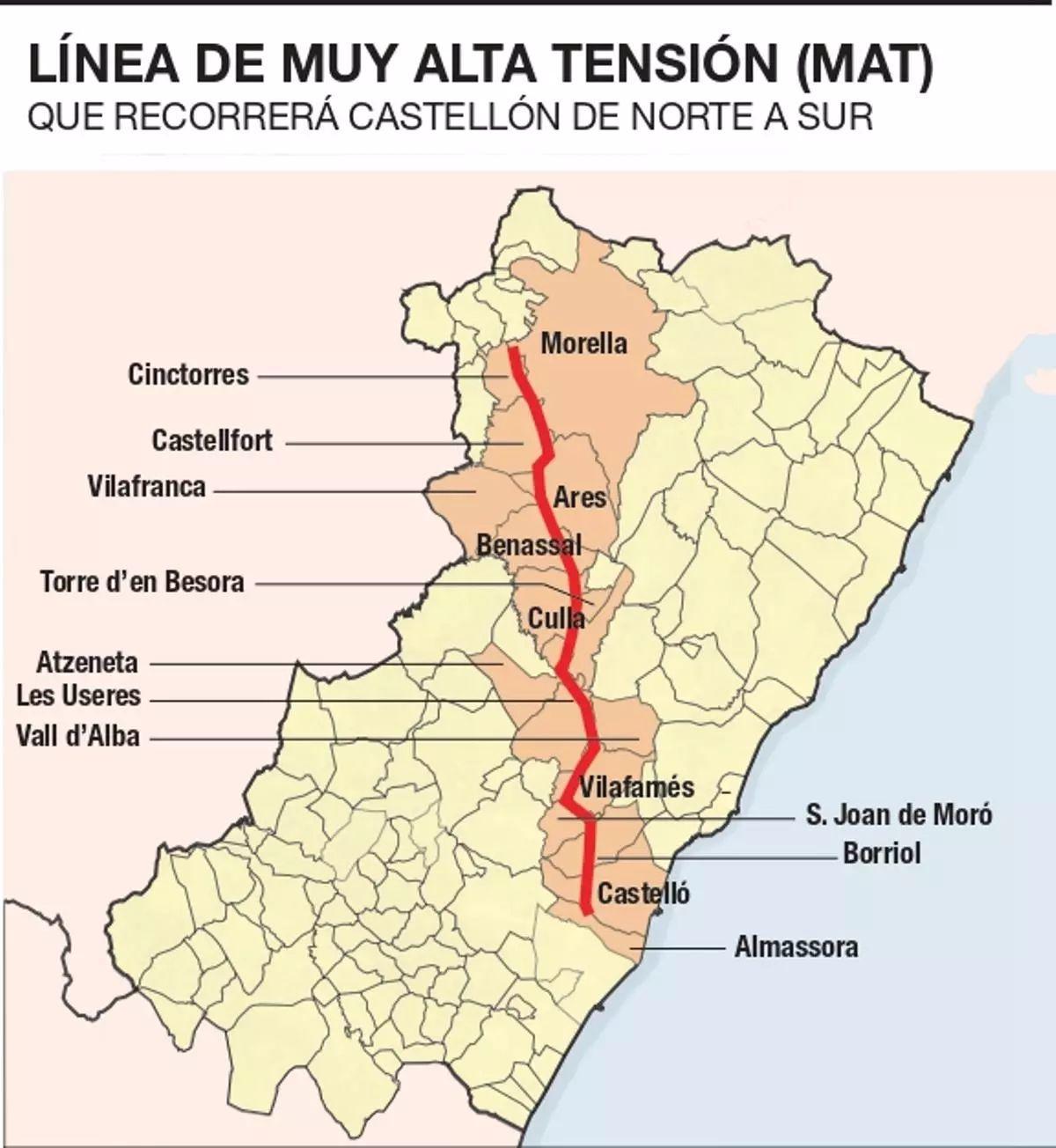 Los 16 municipios por los que cruzará la MAT en Castellón.