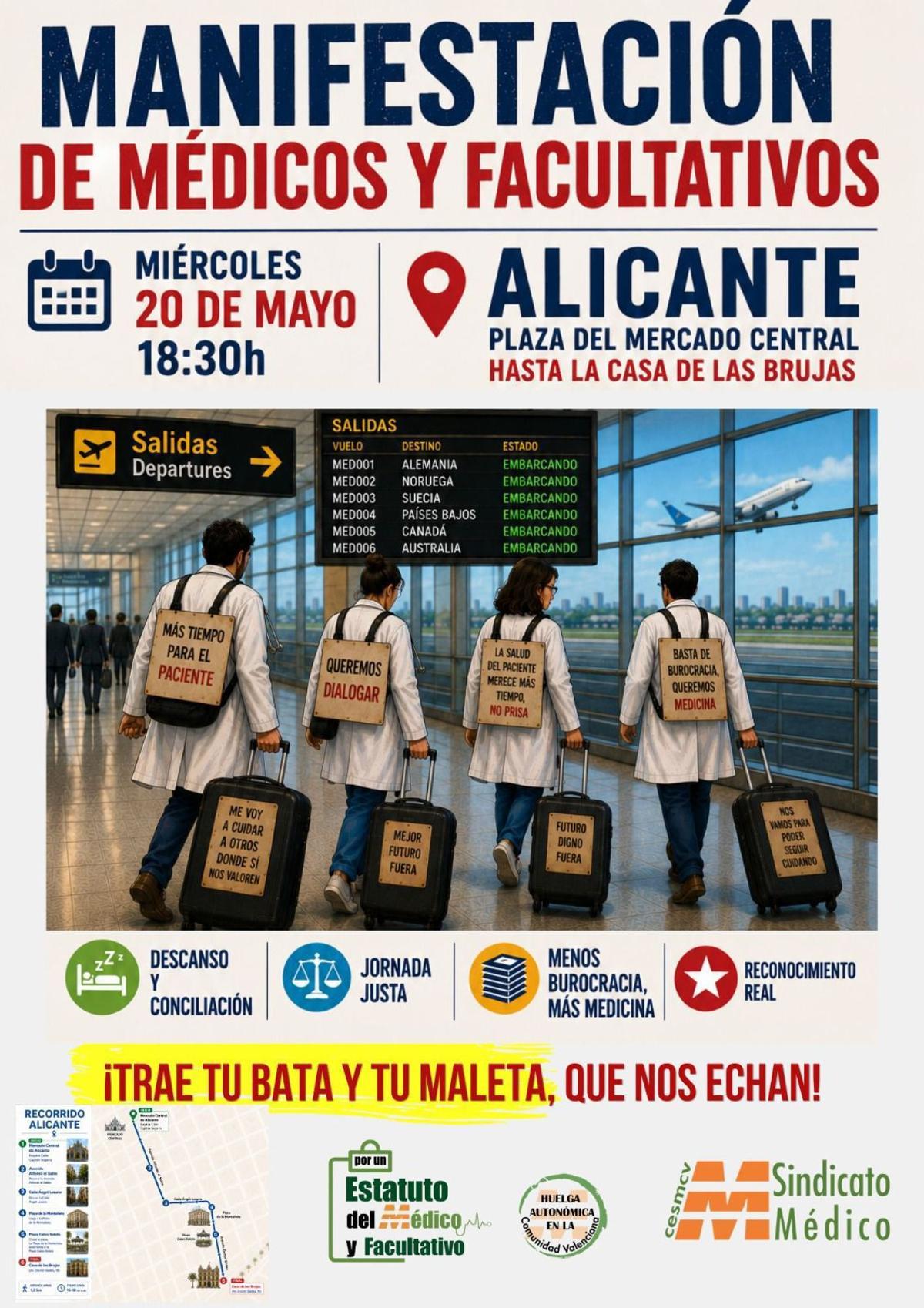 Cartel de la manifestación de médicos que tendrá lugar este miércoles en Alicante