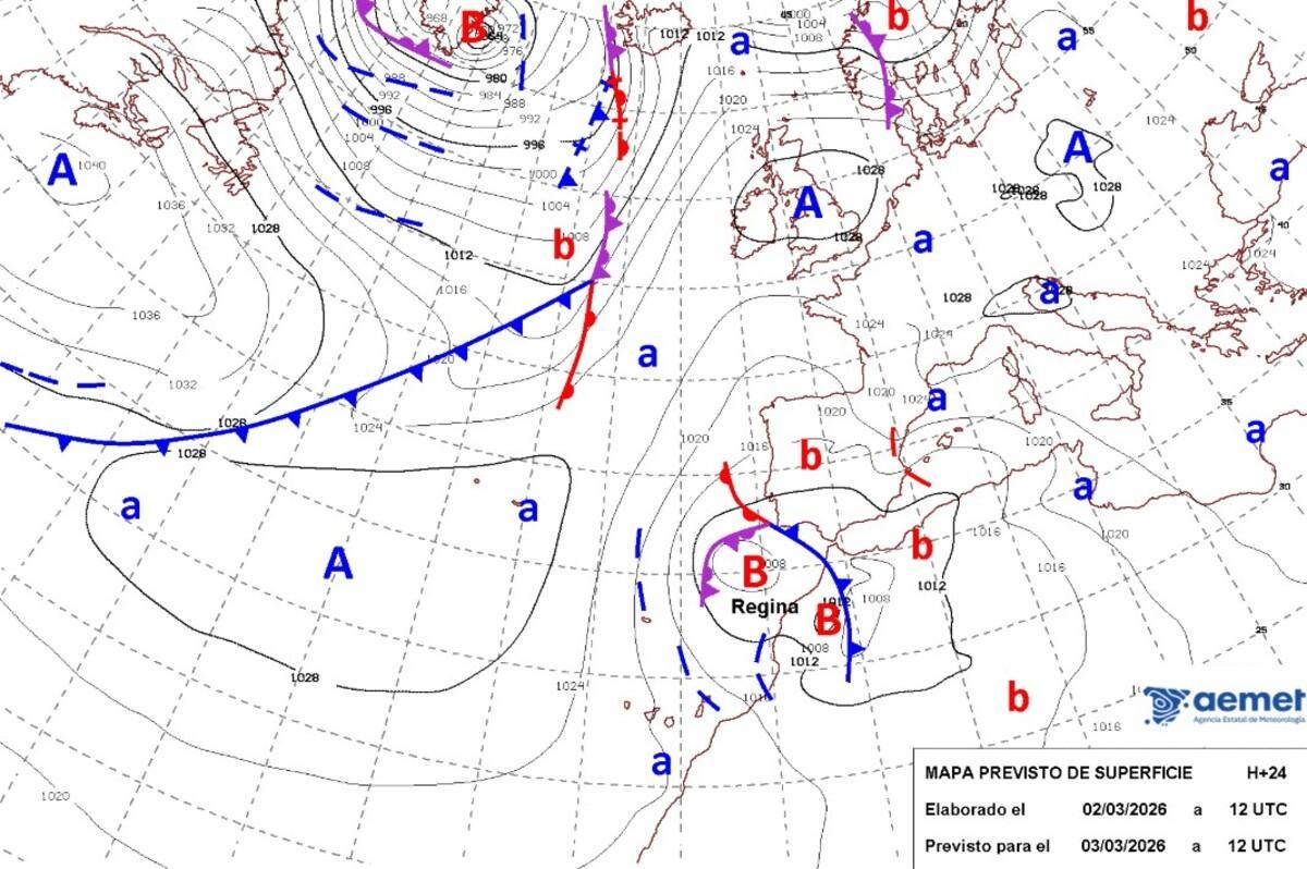 Mapa de Aemet que muestra la situación de la borrasca que nos afectará estos días y la procedencia de la masa de aire que dejará lluvias en Valencia.