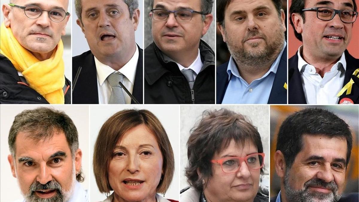 Los líderes independentistas encarcelados. Arriba: Romeva, Forn, Turull, Junqueras, Rull. Abajo: Cuixart, Forcadell, Bassa y Sànchez.