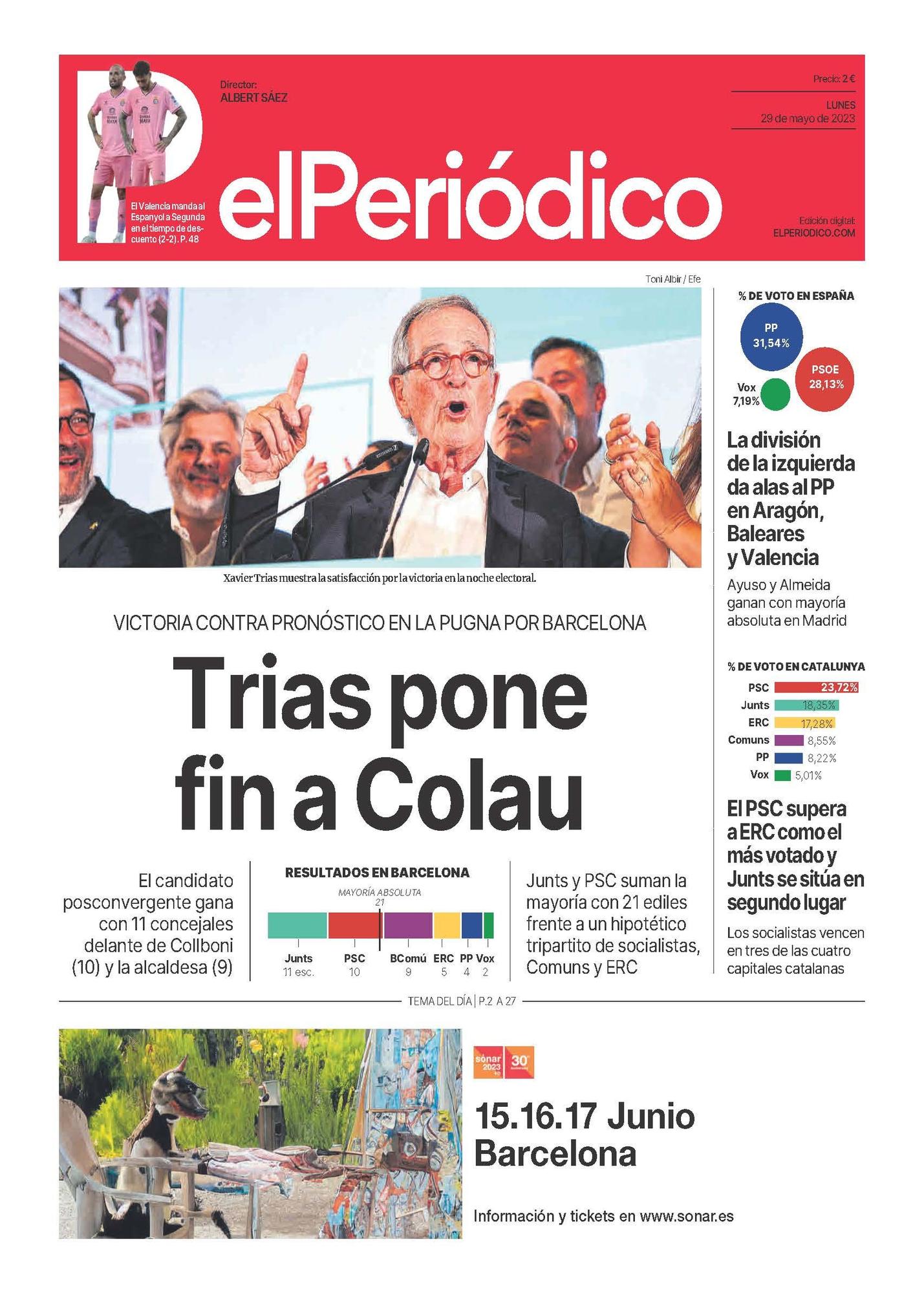 La portada de EL PERIÓDICO del 29 de mayo de 2023