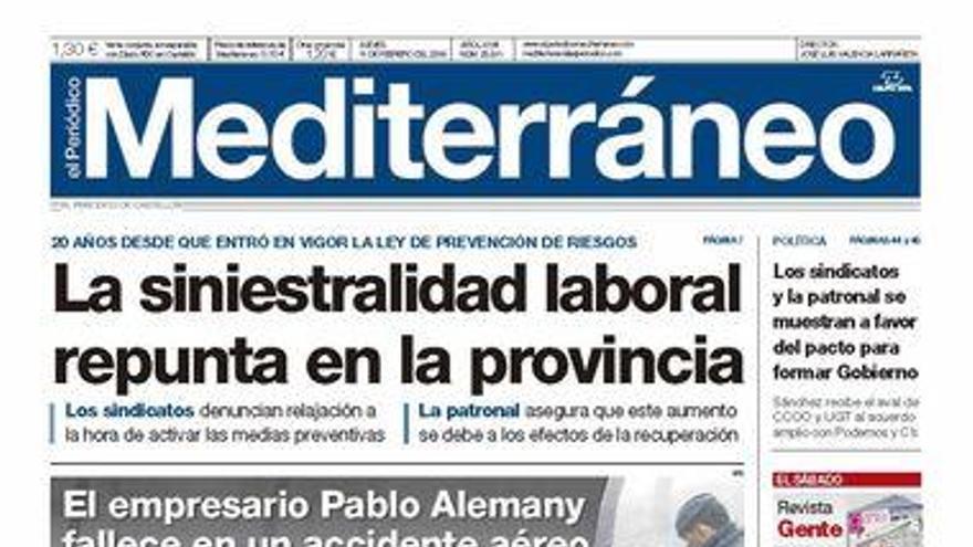 La siniestralidad laboral repunta en la provincia, en la portada de Mediterráneo