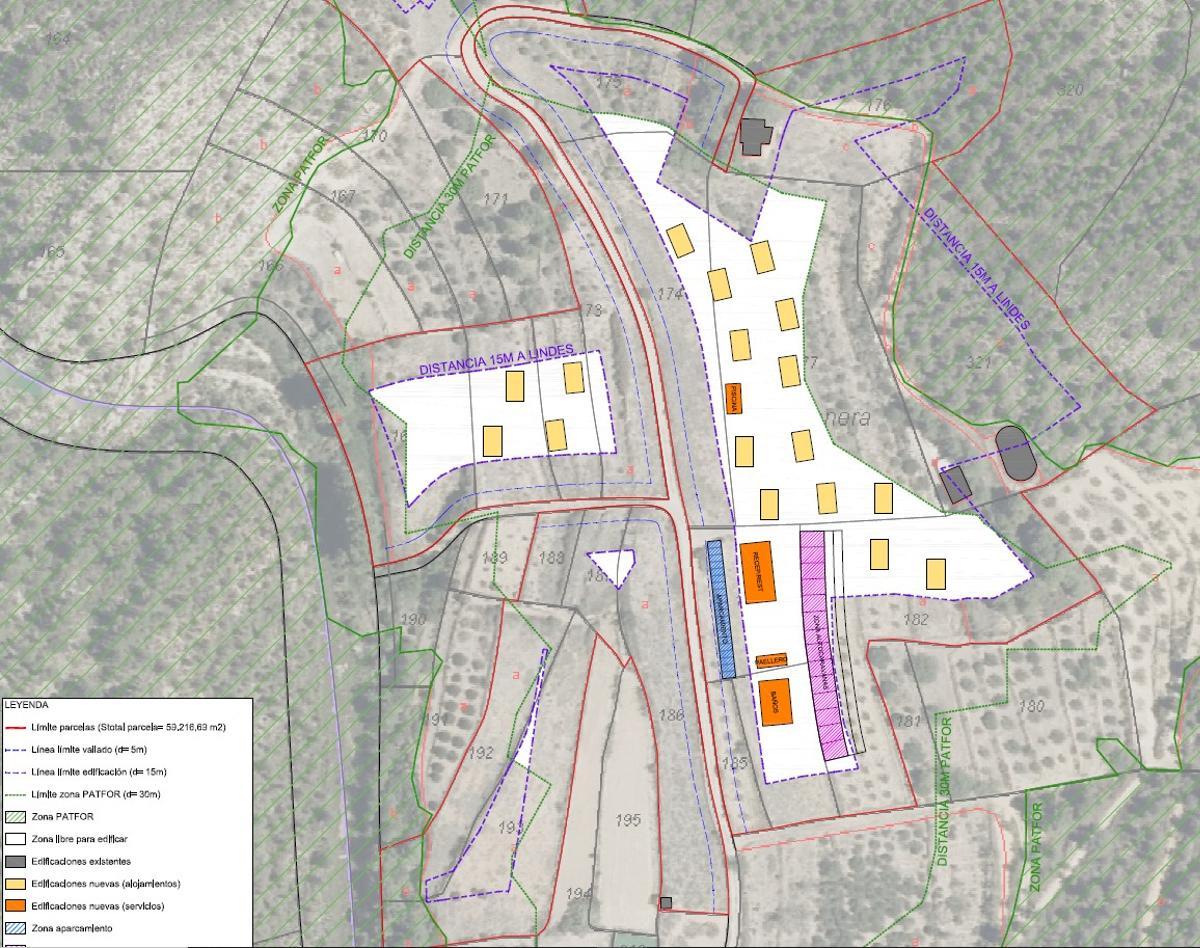 Mapa de las parcelas y la distribución del camping proyectado en Quesa.