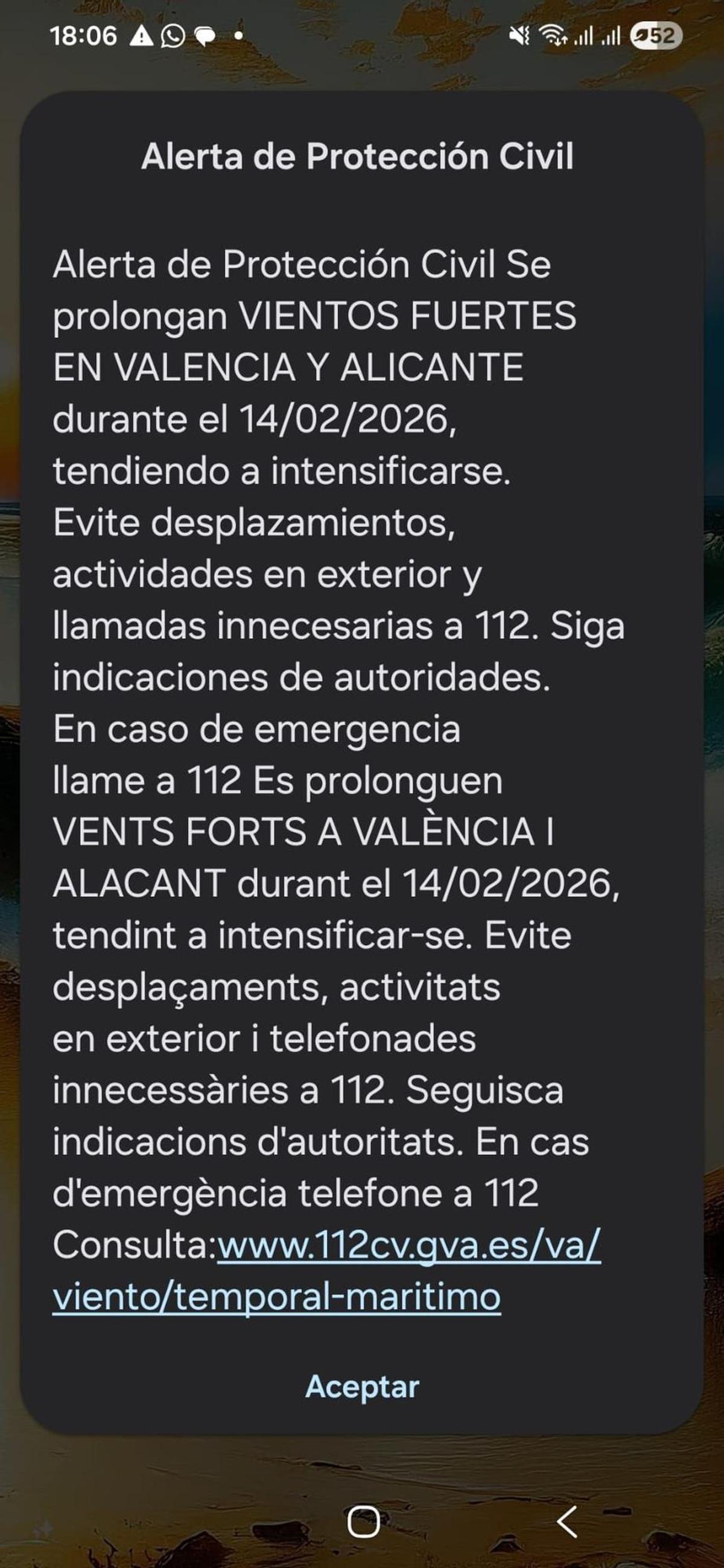 Es Alert enviado a la provincia de Valencia y Castellón.