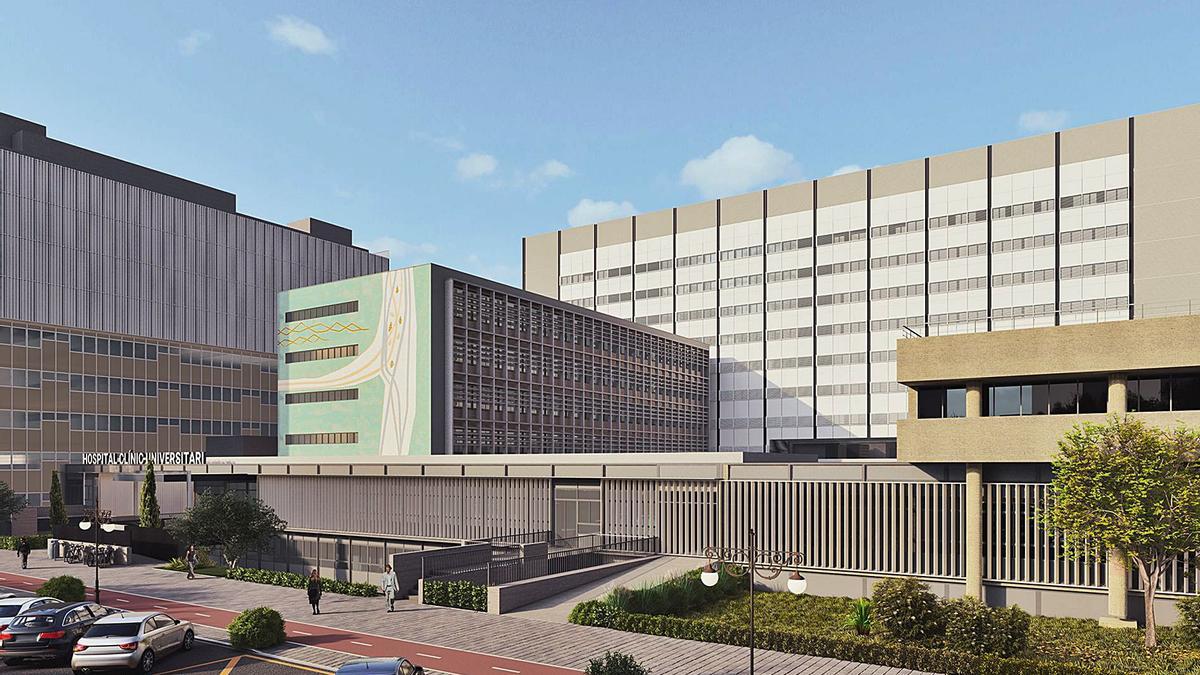 Recreación de cómo se verá la antigua escuela de Agrónomos tras la reforma y, al fondo, el futuro edificio de hospitalización. | LEVANTE-EMV
