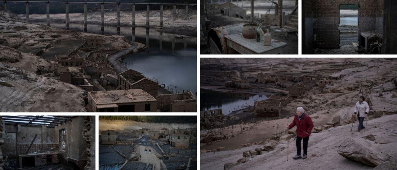 Visitantes y vecinos transitan por el pueblo de Aceredo, que ha emergido de las aguas por el bajo nivel del embalse de Lindoso. // BRAIS LORENZO