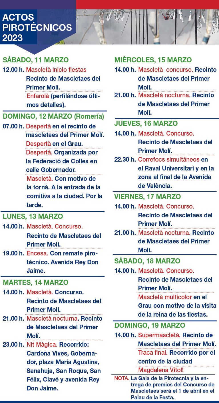 Programación de los actos pirotécnicos del 2023.