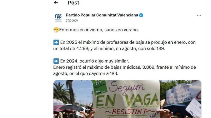 Un tuit del PP por las bajas de los profesores durante el curso incendia a los trabajadores de la enseñanza pública