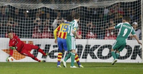 Valencia's goalkeeper Alves saves a penalty kick by Bezjak of Ludogorets during their Europa League match  in Sofia