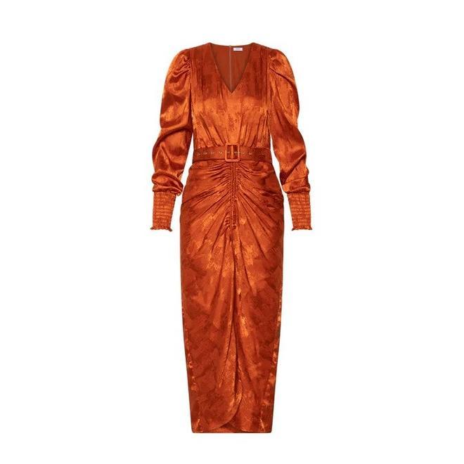 Vestido midi drapeado jacquard naranja de Mioh