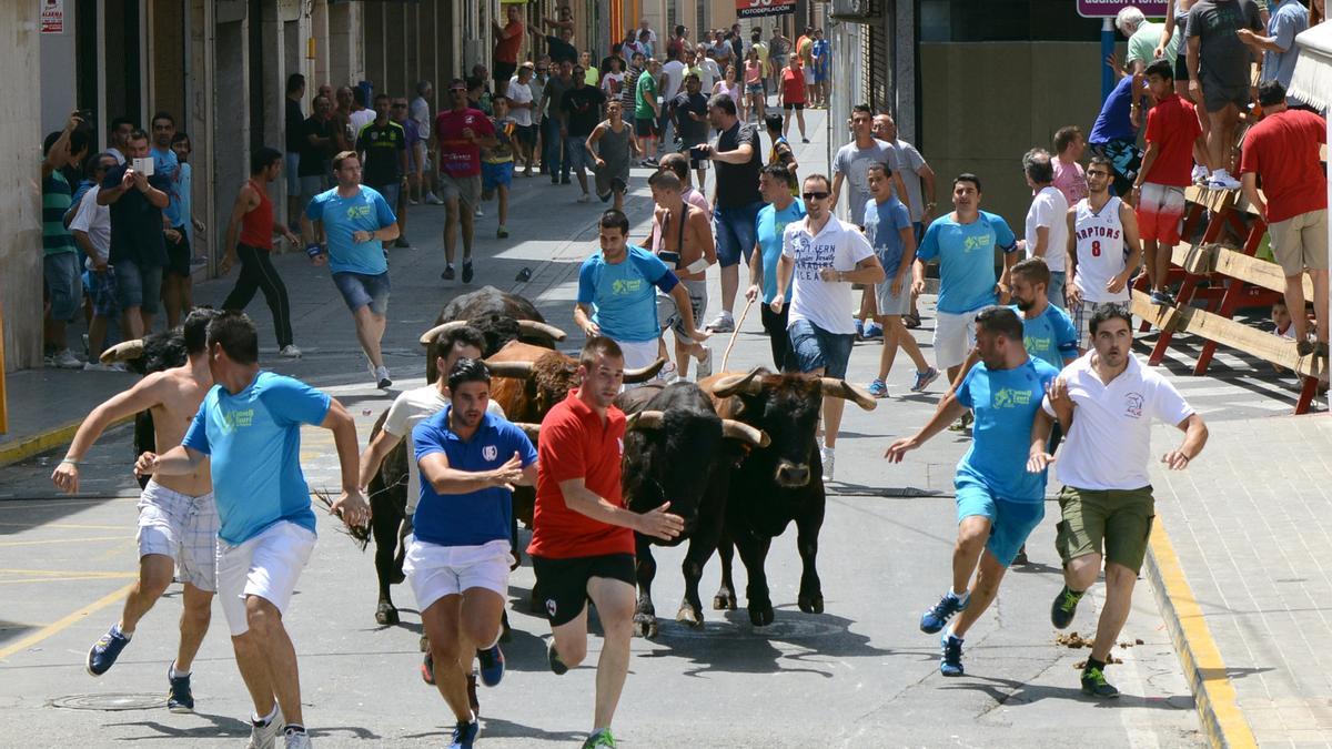 Imagen de la celebración dels bous en la Calle Primer de Maig, durante las fiestas de Sant Roc, en agosto de 2014.