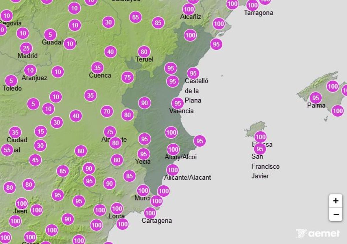 Probabilidad de lluvia el domingo desde las 12 a las 18 horas en la Comunitat Valenciana.
