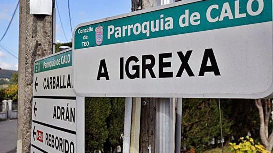 Sinal no municipio de Teo, indicando a zona da Igrexa (o topónimo máis común de Galicia), na parroquia de Calo.