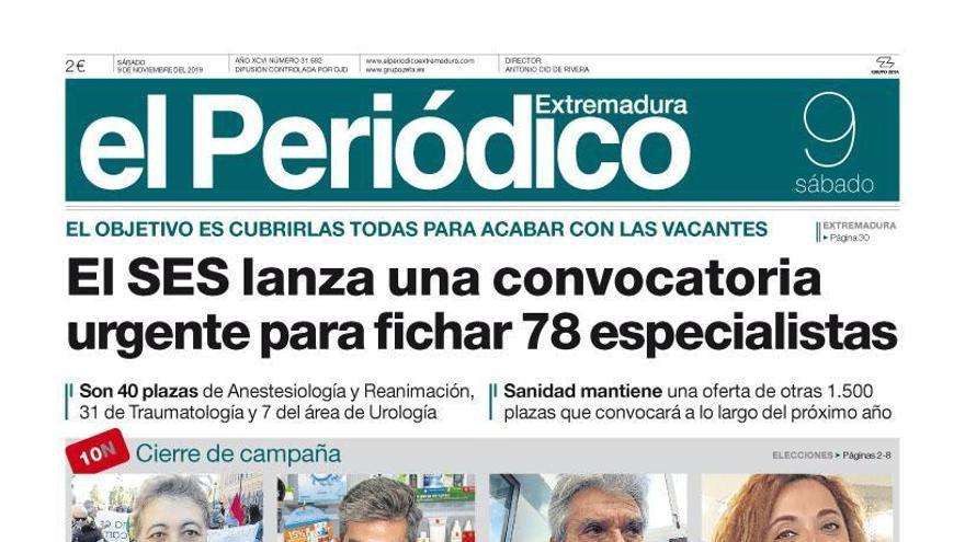 Esta es la portada de EL PERIÓDICO EXTREMADURA correspondiente al día 9 de noviembre del 2019