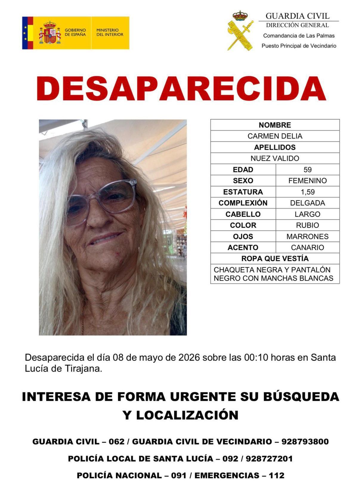 Cartel difundido para la búsqueda de Carmen Denia Nuez Valido, desaparecida en Santa Lucía de Tirajana.