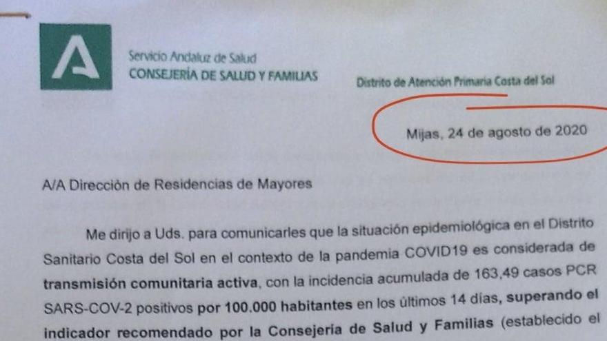 El documento interno del SAS enviado a las residencias de la Costa del Sol el 24 de agosto