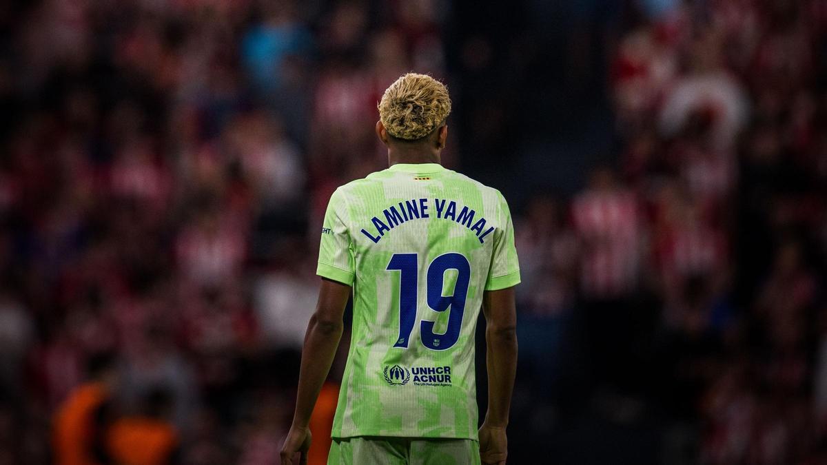 Lamine Yamal, durante el Athletic-Barça en San Mamés.
