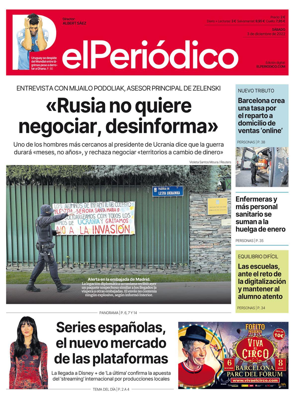 La portada d’EL PERIÓDICO del 3 de desembre del 2022